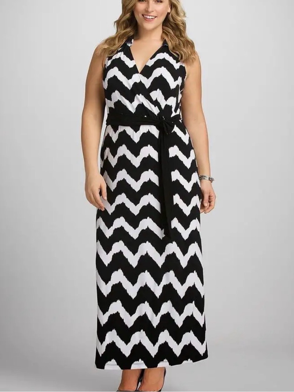 Wedding Guest V Neck Dressbarn Black White Chevron Abstract Ikat Wrap Maxi Dress